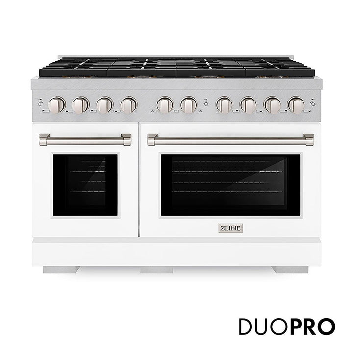 ZLINE 48 in. 6.7 cu. ft. Paramount Dual Fuel Range with 8 Burner DuoProâ„¢ Cooktop and Dual Ovens in Satin Stainless Steel with White Matte Doors (PSDRS-WM-48)