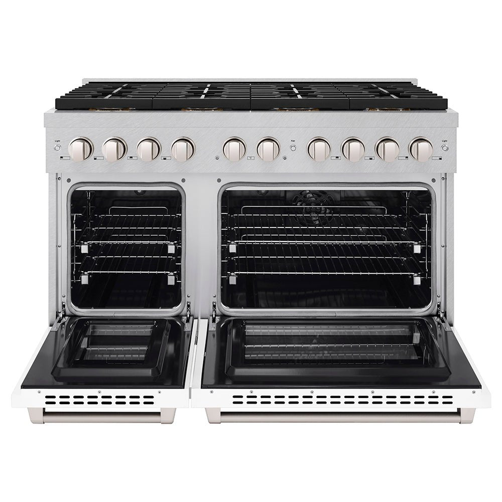 ZLINE 48 in. 6.7 cu. ft. Paramount Dual Fuel Range with 8 Burner DuoProâ„¢ Cooktop and Dual Ovens in Satin Stainless Steel with White Matte Doors (PSDRS-WM-48)