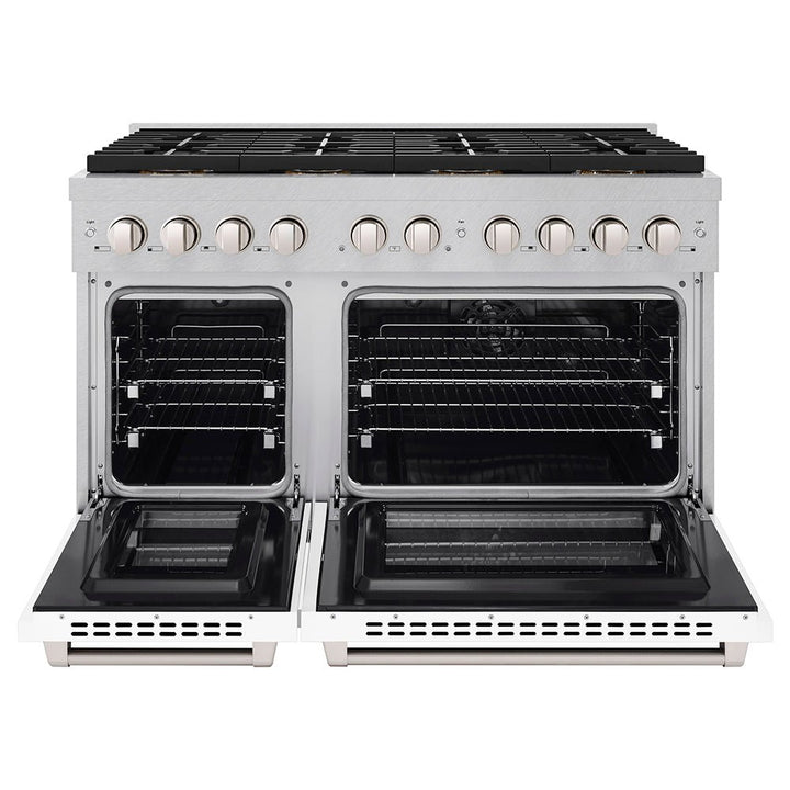 ZLINE 48 in. 6.7 cu. ft. Paramount Dual Fuel Range with 8 Burner DuoProâ„¢ Cooktop and Dual Ovens in Satin Stainless Steel with White Matte Doors (PSDRS-WM-48)
