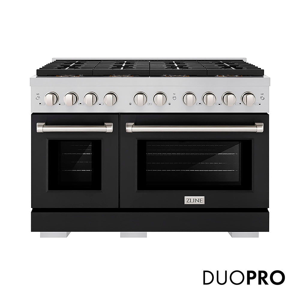 ZLINE 48 in. 6.7 cu. ft. Paramount Dual Fuel Range with 8 Burner DuoProâ„¢ Cooktop and Dual Ovens with Black Matte Doors (PSDR-BLM-48)