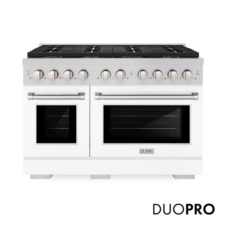 ZLINE 48 in. 6.7 cu. ft. Paramount Dual Fuel Range with 8 Burner DuoProâ„¢ Cooktop and Dual Ovens with White Matte Doors (PSDR-WM-48)