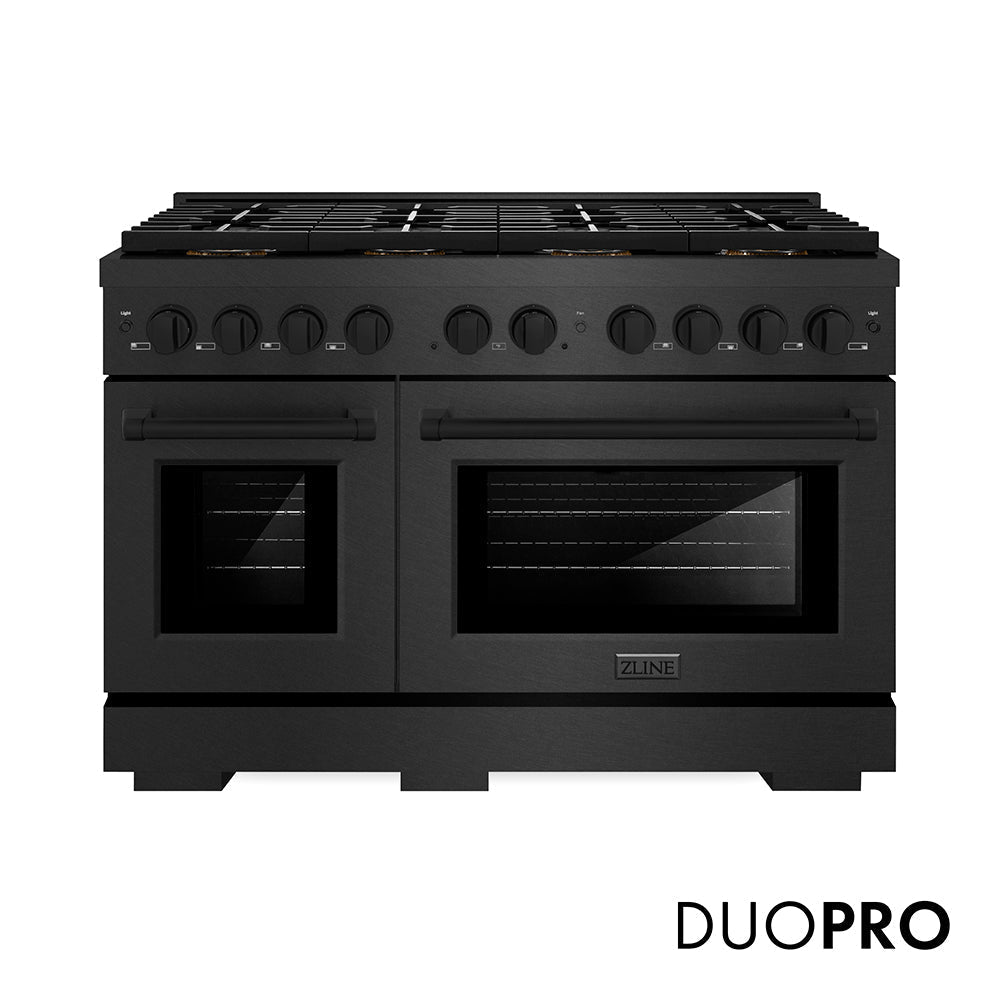 ZLINE 48 in. 6.7 cu. ft. Paramount Gas Range with 8 Burner DuoProâ„¢ Cooktop and Dual Ovens in Black Satin Stainless Steel (PSGRBS-48)