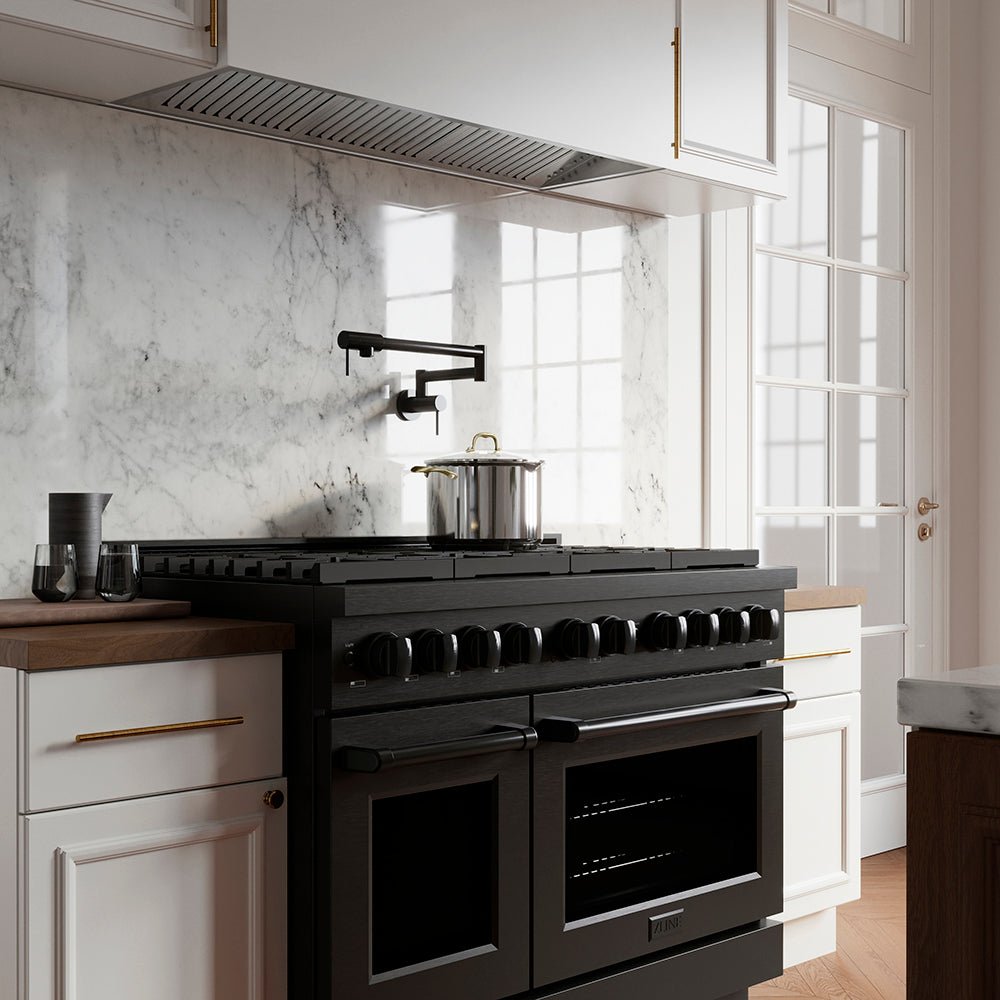 ZLINE 48 in. 6.7 cu. ft. Paramount Gas Range with 8 Burner DuoProâ„¢ Cooktop and Dual Ovens in Black Stainless Steel (PSGRB-48)