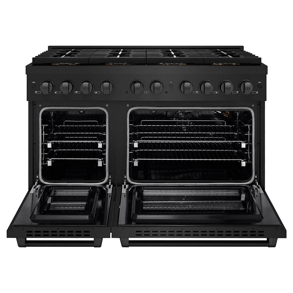 ZLINE 48 in. 6.7 cu. ft. Paramount Gas Range with 8 Burner DuoProâ„¢ Cooktop and Dual Ovens in Black Stainless Steel (PSGRB-48)