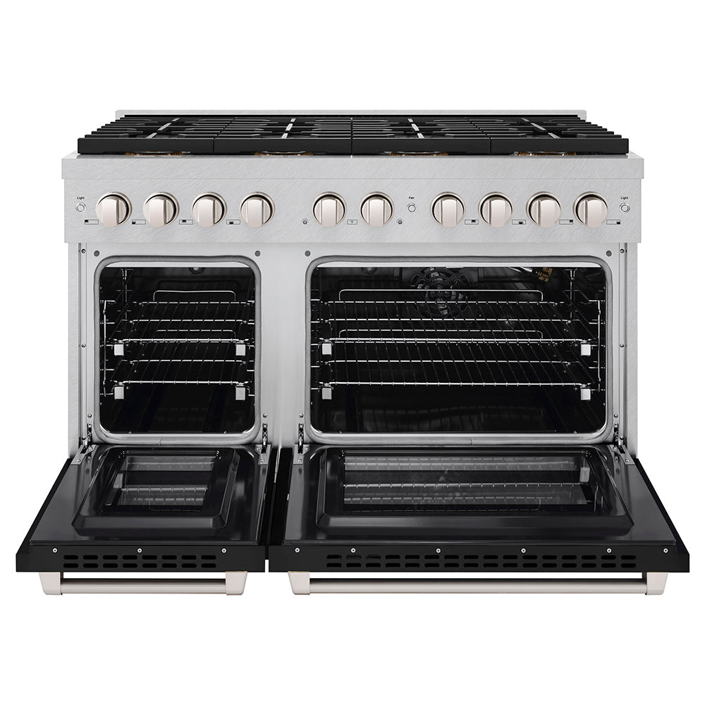 ZLINE 48 in. 6.7 cu. ft. Paramount Gas Range with 8 Burner DuoProâ„¢ Cooktop and Dual Ovens in Satin Stainless Steel with Black Matte Doors (PSGRS-BLM-48)