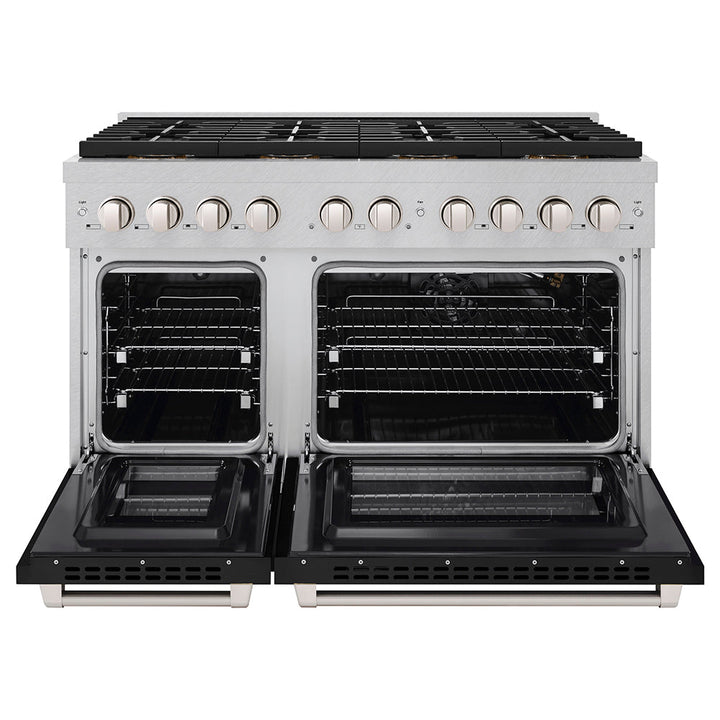 ZLINE 48 in. 6.7 cu. ft. Paramount Gas Range with 8 Burner DuoProâ„¢ Cooktop and Dual Ovens in Satin Stainless Steel with Black Matte Doors (PSGRS-BLM-48)