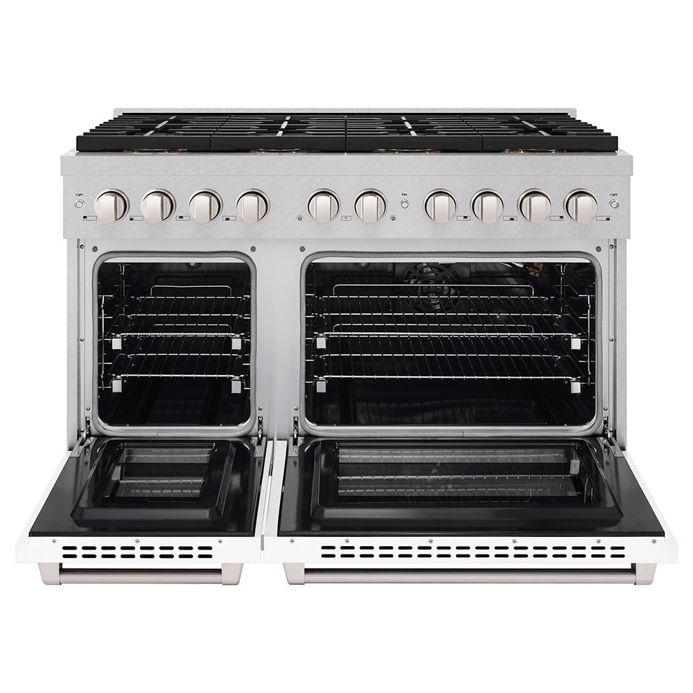 ZLINE 48 in. 6.7 cu. ft. Paramount Gas Range with 8 Burner DuoProâ„¢ Cooktop and Dual Ovens in Satin Stainless Steel with White Matte Doors (PSGRS-WM-48)