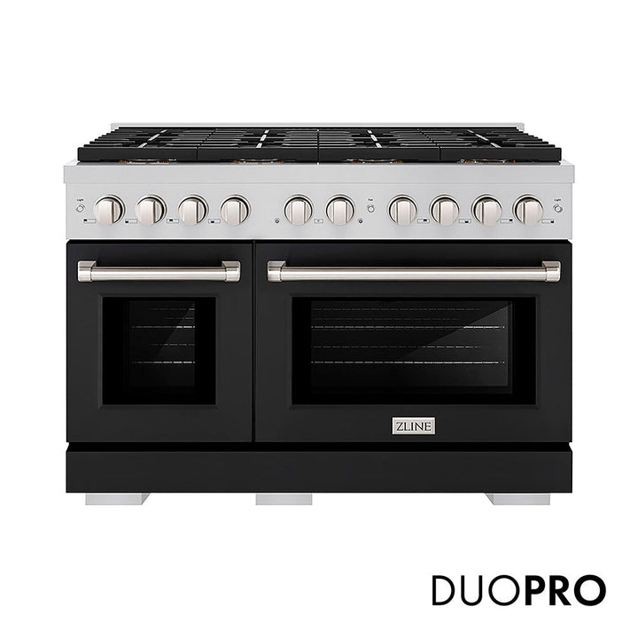 ZLINE 48 in. 6.7 cu. ft. Paramount Gas Range with 8 Burner DuoProâ„¢ Cooktop and Dual Ovens with Black Matte Doors (PSGR-BLM-48)
