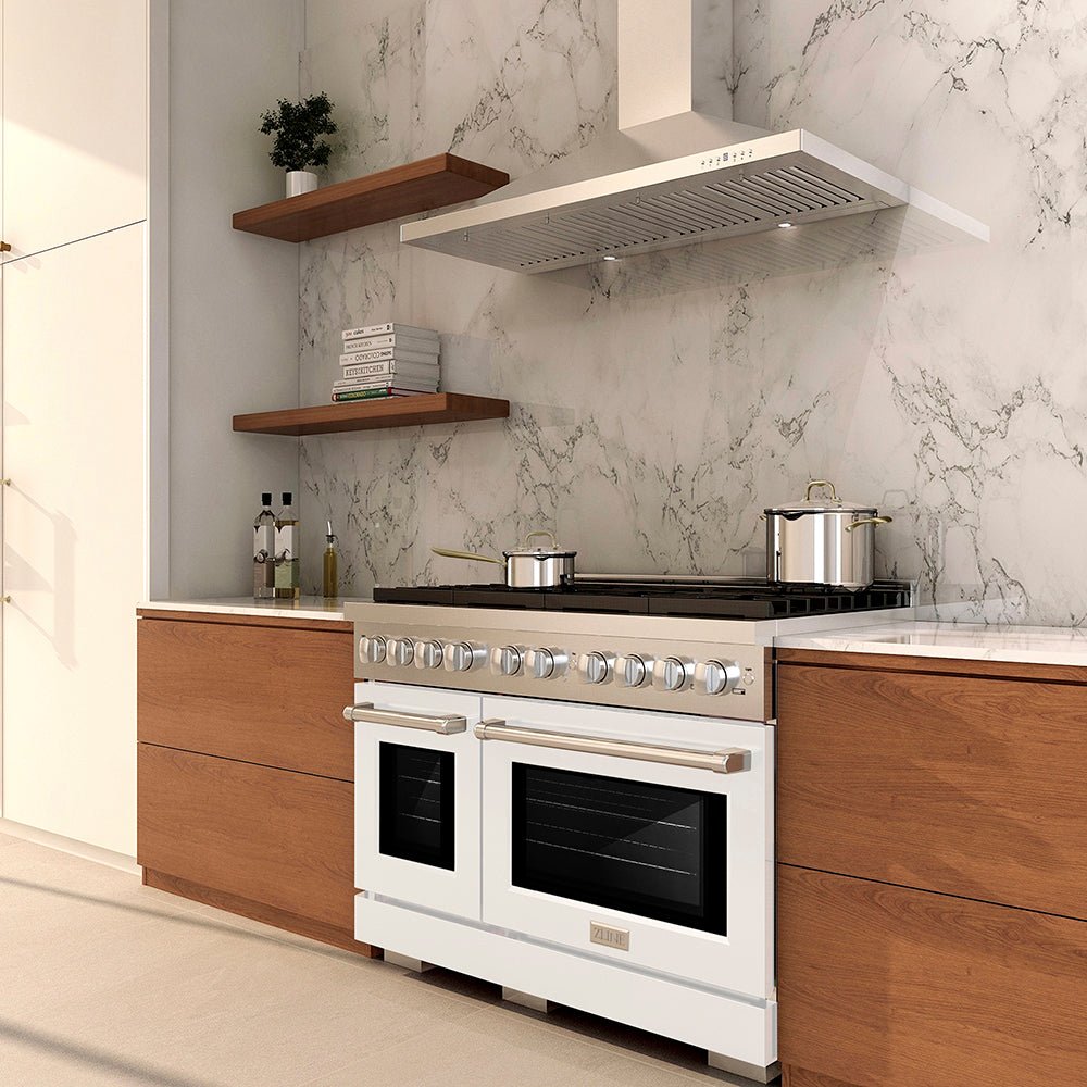ZLINE 48 in. 6.7 cu. ft. Paramount Gas Range with 8 Burner DuoProâ„¢ Cooktop and Dual Ovens with White Matte Doors (PSGR-WM-48)