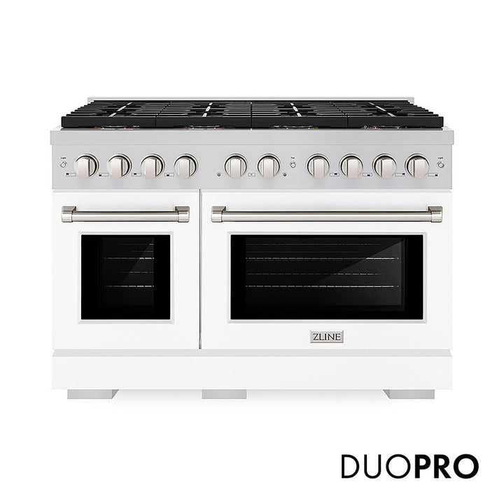 ZLINE 48 in. 6.7 cu. ft. Paramount Gas Range with 8 Burner DuoProâ„¢ Cooktop and Dual Ovens with White Matte Doors (PSGR-WM-48)