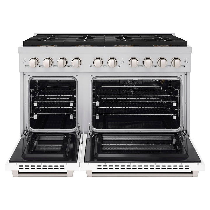 ZLINE 48 in. 6.7 cu. ft. Paramount Gas Range with 8 Burner DuoProâ„¢ Cooktop and Dual Ovens with White Matte Doors (PSGR-WM-48)