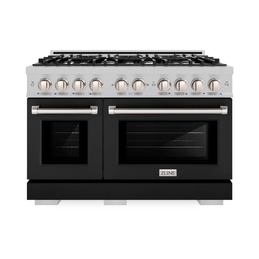 ZLINE 48 in. 6.7 cu. ft. Select Double Oven Dual Fuel Range with 8 Burner Gas Cooktop in Satin Stainless Steel with Black Matte Doors (HDRS-BLM-48)