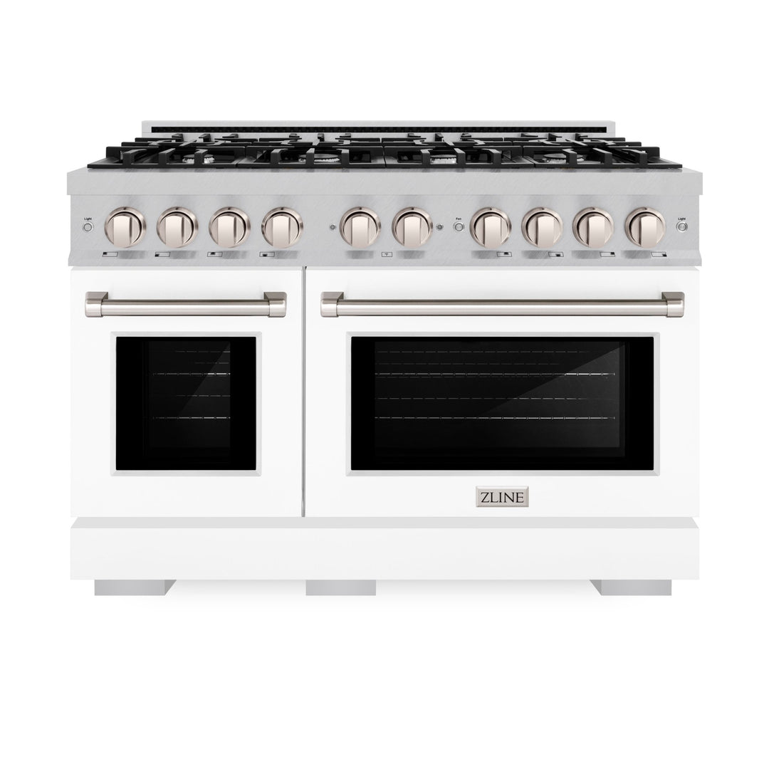ZLINE 48 in. 6.7 cu. ft. Select Double Oven Dual Fuel Range with 8 Burner Gas Cooktop in Satin Stainless Steel with White Matte Doors (HDRS-WM-48)