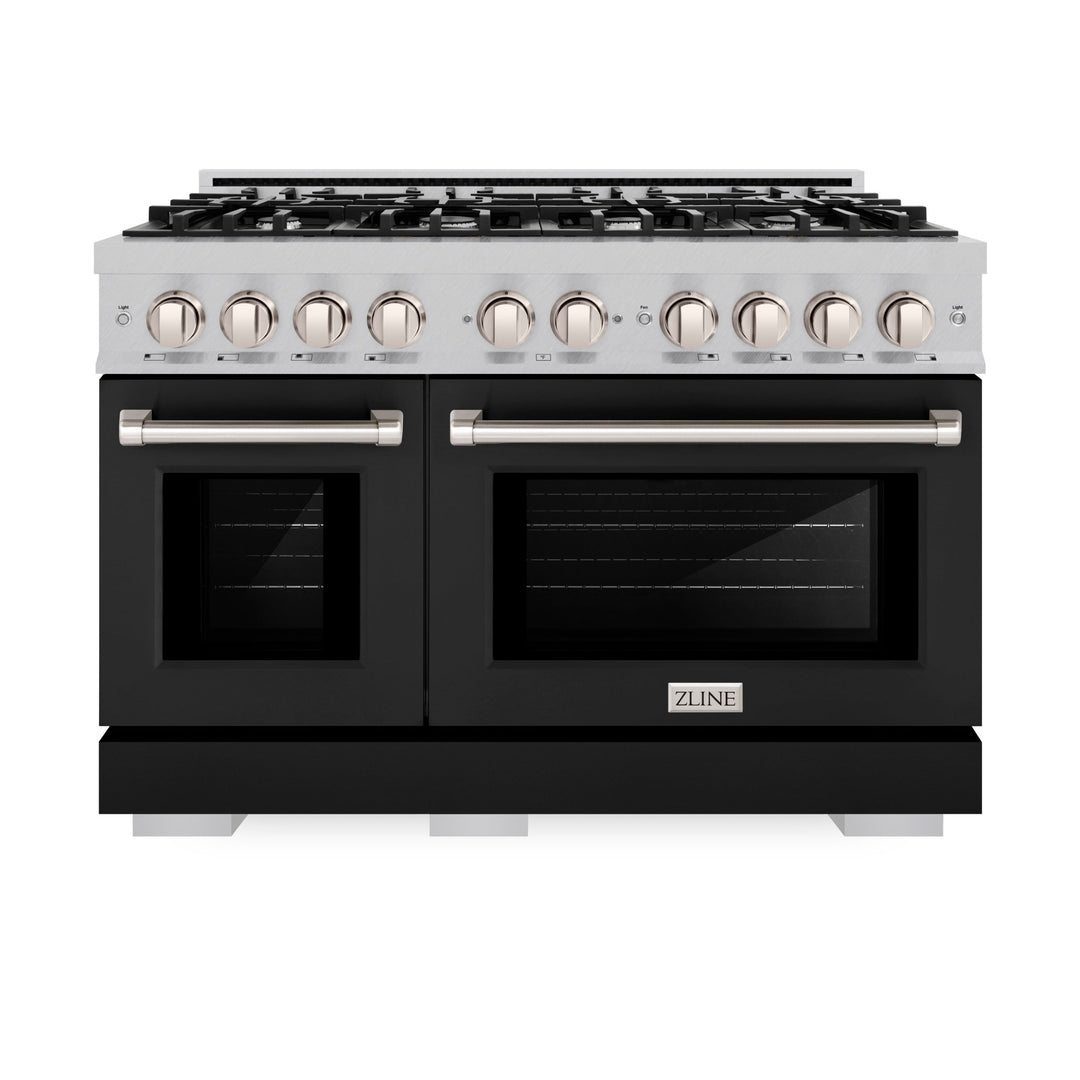 ZLINE 48 in. 6.7 cu. ft. Select Double Oven Gas Range with 8 Burner Cooktop in Satin Stainless Steel with Black Matte Doors (HGRS-BLM-48)
