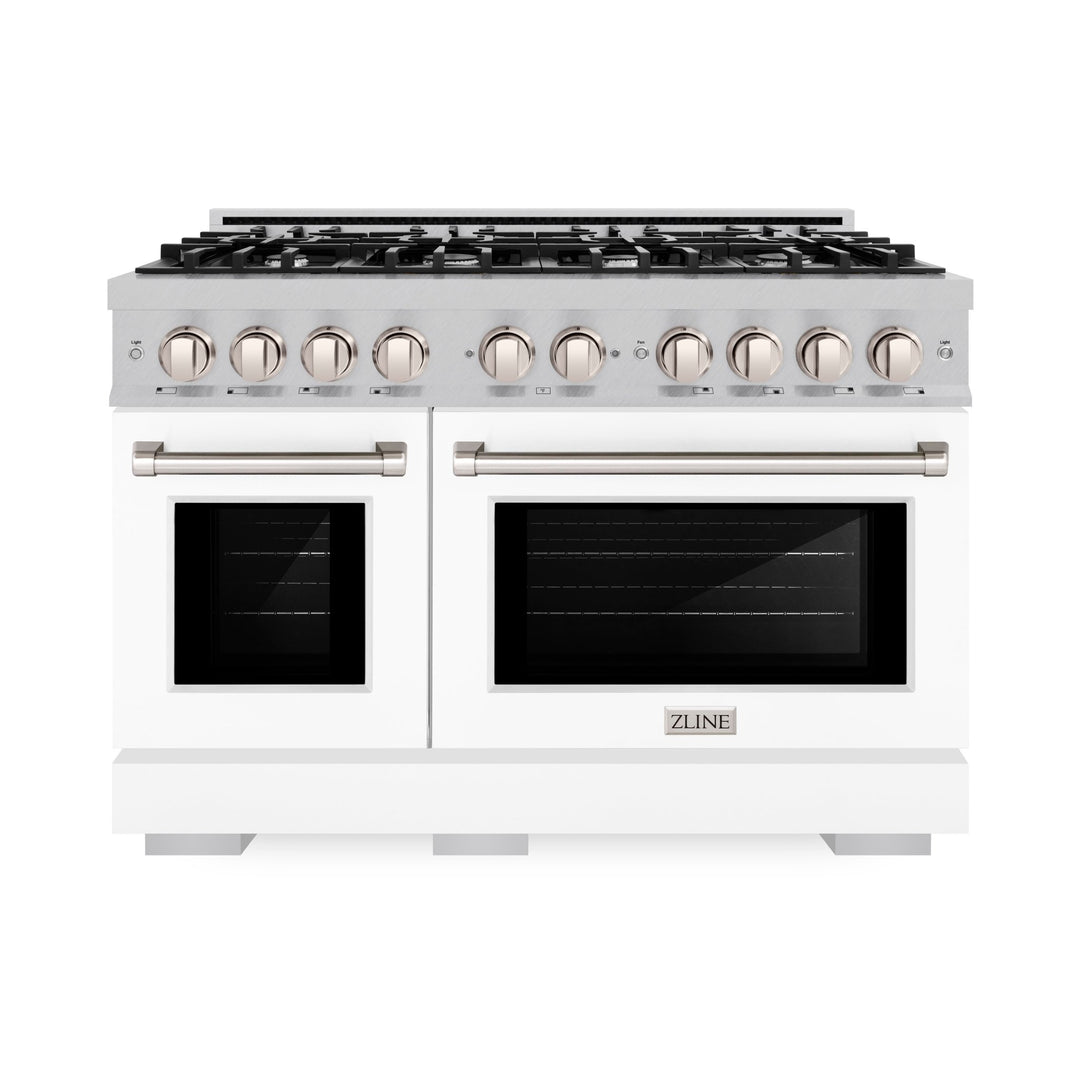 ZLINE 48 in. 6.7 cu. ft. Select Double Oven Gas Range with 8 Burner Cooktop in Satin Stainless Steel with White Matte Doors (HGRS-WM-48)