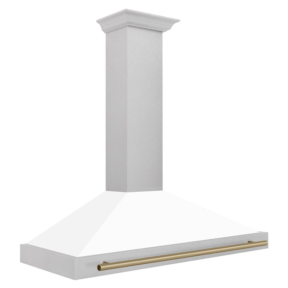 ZLINE 48 in. Autograph Edition Convertible Fingerprint Resistant Satin Stainless Steel Range Hood with White Matte Shell and Champagne Bronze Handle (KB4SNZ-WM48-CB)