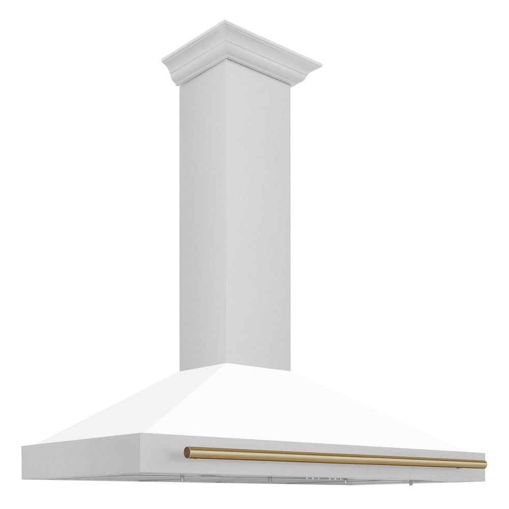 ZLINE 48 in. Autograph Edition Convertible Fingerprint Resistant Satin Stainless Steel Range Hood with White Matte Shell and Champagne Bronze Handle (KB4SNZ-WM48-CB)