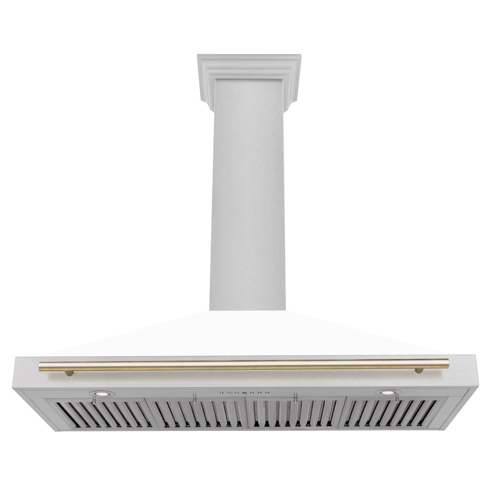 ZLINE 48 in. Autograph Edition Convertible Fingerprint Resistant Satin Stainless Steel Range Hood with White Matte Shell and Polished Gold Handle (KB4SNZ-WM48-G)