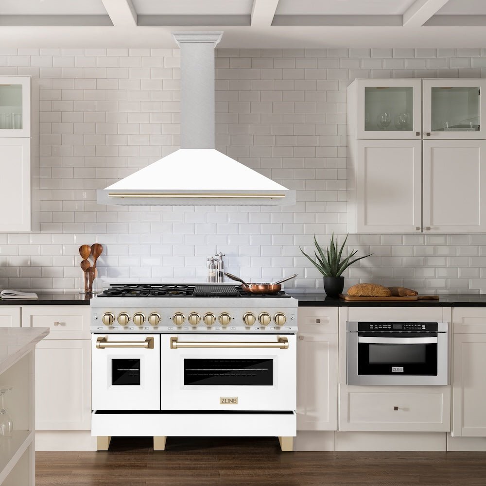 ZLINE 48 in. Autograph Edition Convertible Fingerprint Resistant Satin Stainless Steel Range Hood with White Matte Shell and Polished Gold Handle (KB4SNZ-WM48-G)