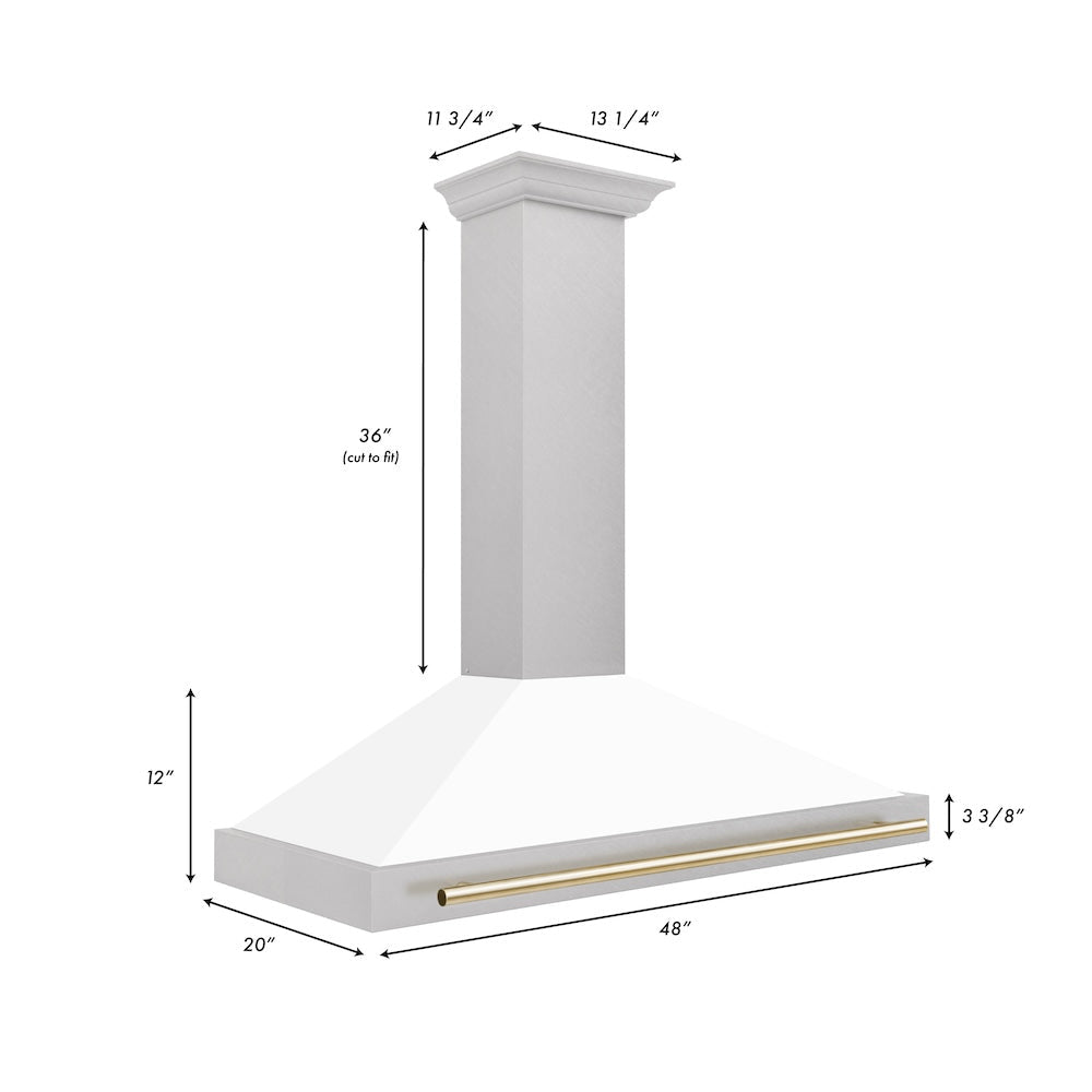 ZLINE 48 in. Autograph Edition Convertible Fingerprint Resistant Satin Stainless Steel Range Hood with White Matte Shell and Polished Gold Handle (KB4SNZ-WM48-G)