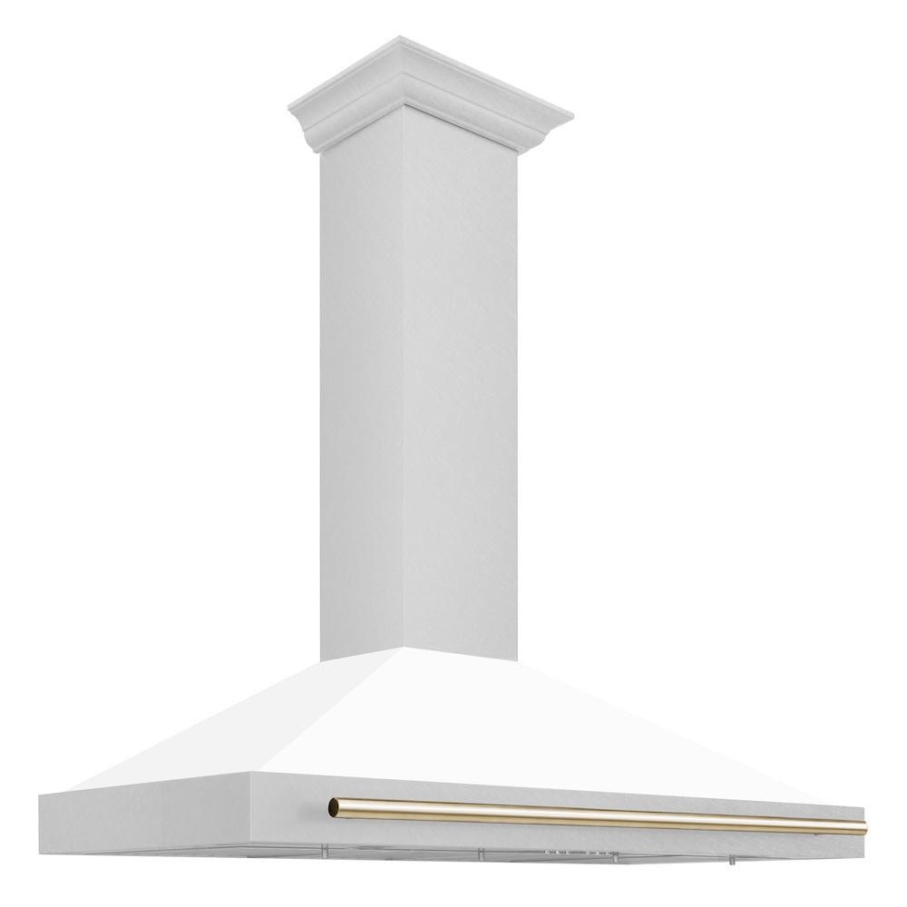 ZLINE 48 in. Autograph Edition Convertible Fingerprint Resistant Satin Stainless Steel Range Hood with White Matte Shell and Polished Gold Handle (KB4SNZ-WM48-G)