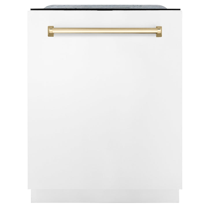 ZLINE 48 in. Autograph Edition Kitchen Package with Stainless Steel Dual Fuel Range with White Matte Door, Range Hood and Dishwasher with Polished Gold  Accents (3AKP-RAWMRHDWM48-G)