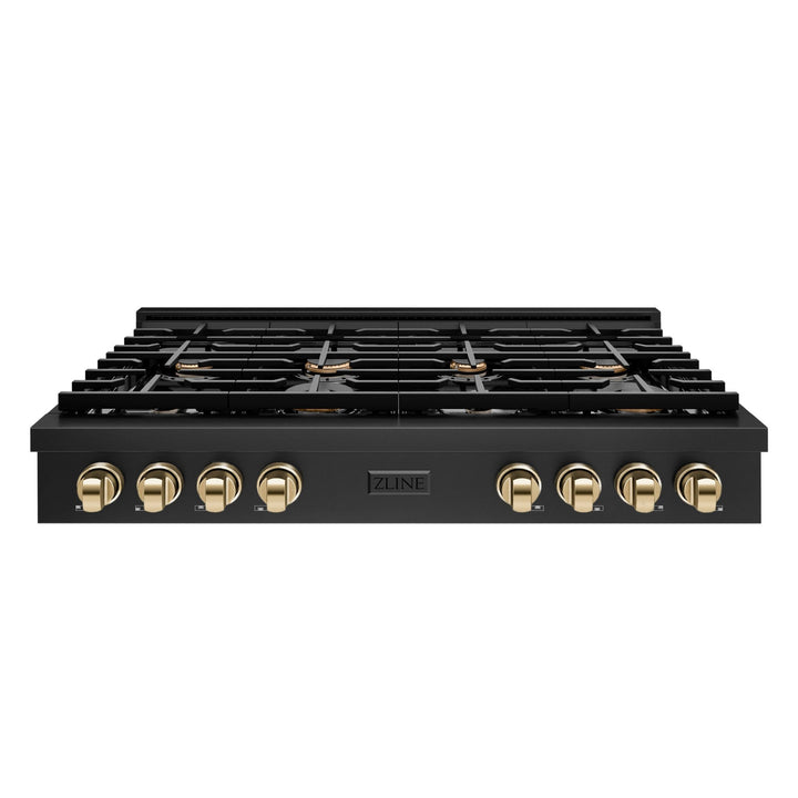 ZLINE 48 in. Autograph Edition Paramount Gas Rangetop with 8 Burners and Porcelain Cooktop in Black Stainless Steel with Polished Gold Accents (SRTBZ-48-G)