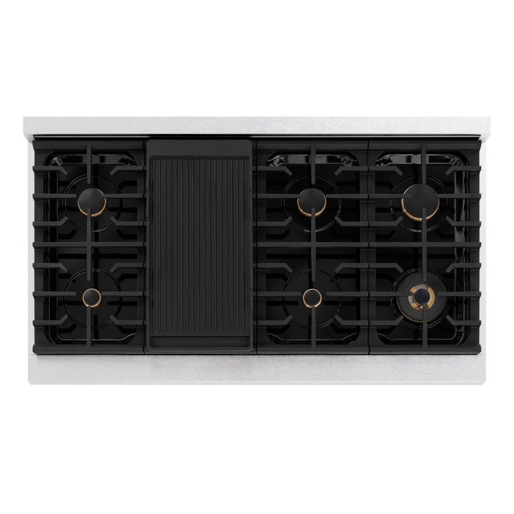 ZLINE 48 in. Autograph Edition Paramount Gas Rangetop with 8 Burners and Porcelain Cooktop in Satin Stainless Steel with Polished Gold Accents (SRTSZ-48-G)