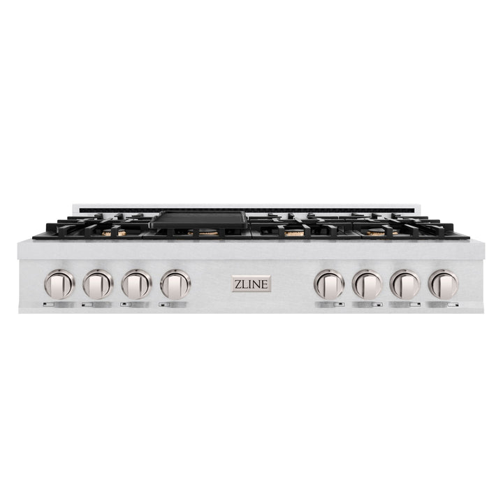 ZLINE 48 in. Classic Gas Rangetop with 8 Brass Burners and Porcelain Cooktop in Satin Stainless Steel with Griddle (RTS-BR-GR-48)