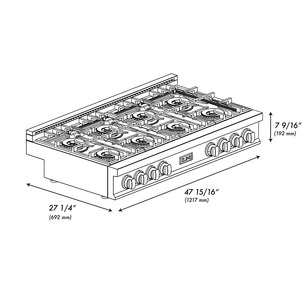 ZLINE 48 in. Classic Gas Rangetop with 8 Burner DuoProâ„¢ Cooktop in Satin Stainless Steel (PCRTS-48)