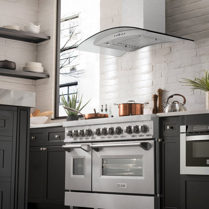 ZLINE 48 in. Convertible Vent Wall Mount Range Hood in Satin Stainless Steel and Glass (8KN4S-48)