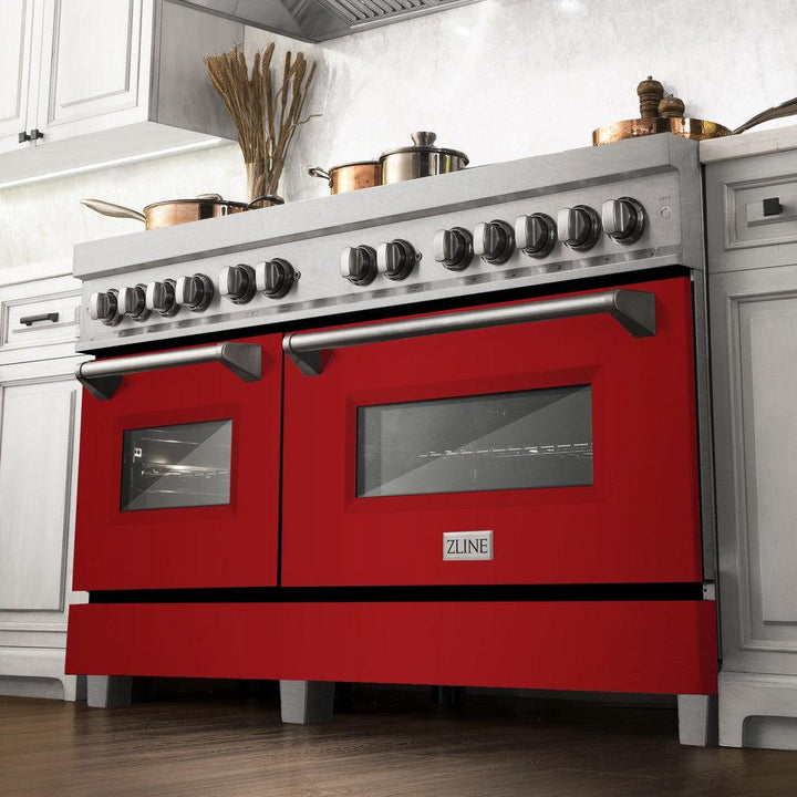ZLINE 60 in. 7.4 cu. ft. Legacy Dual Fuel Range with 9 Burner Gas Cooktop and 2 Electric Convection Ovens in Satin Stainless Steel and Red Gloss Doors (RAS-RG-60)