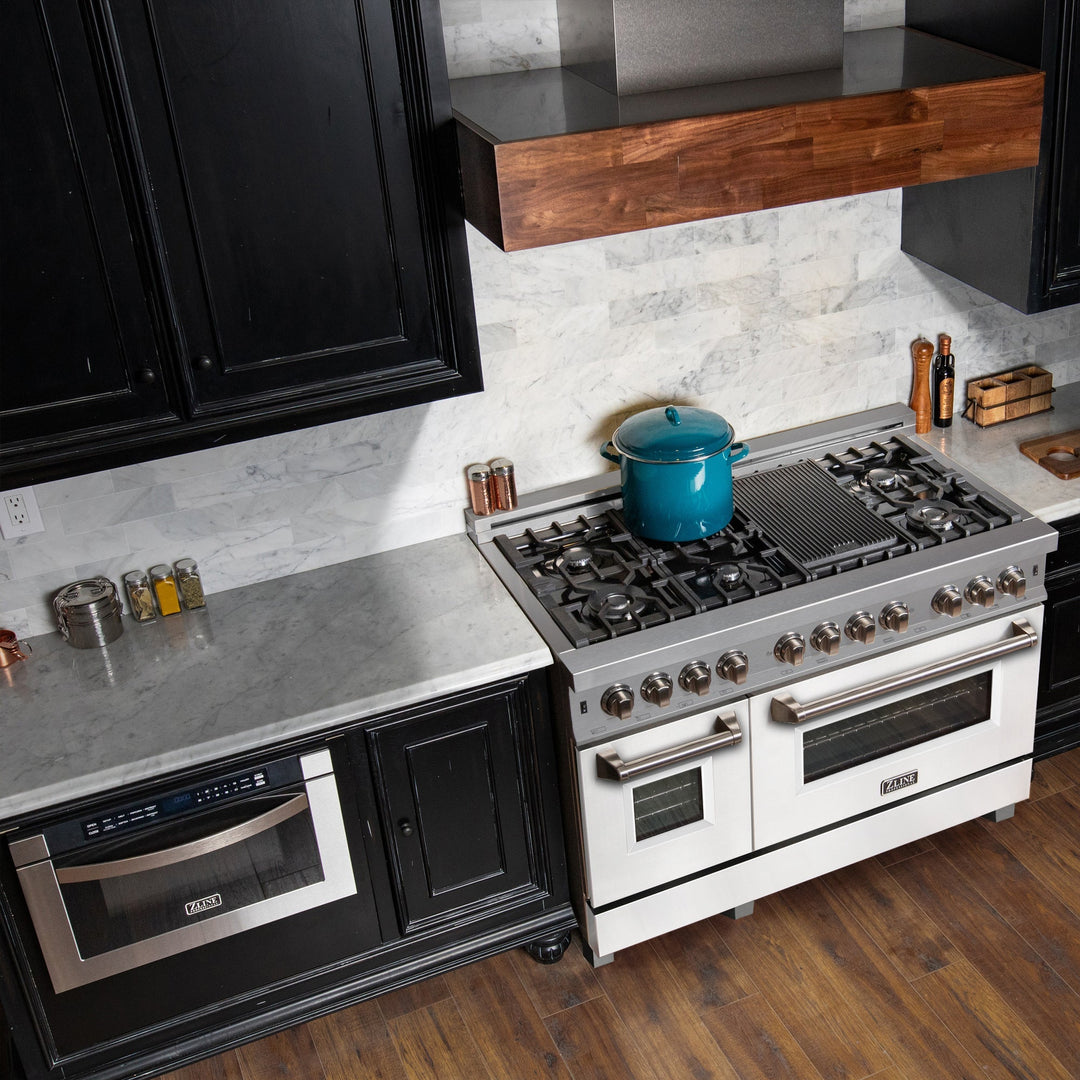 ZLINE 60 in. 7.4 cu. ft. Legacy Dual Fuel Range with 9 Burner Gas Cooktop and 2 Electric Convection Ovens in Satin Stainless Steel and White Matte Doors (RAS-WM-60)