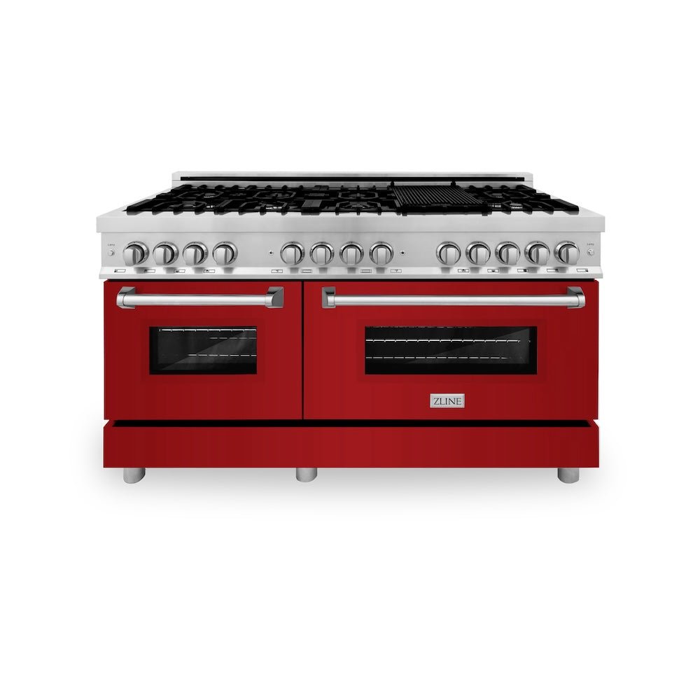 ZLINE 60 in. 7.4 cu. ft. Legacy Dual Fuel Range with 9 Burner Gas Cooktop and 2 Electric Convection Ovens in Stainless Steel and Red Gloss Doors (RA-RG-60)