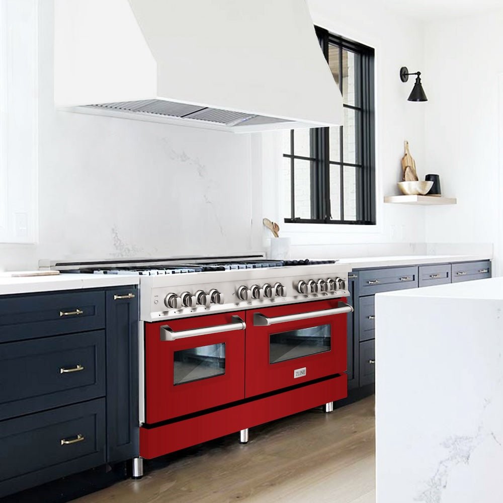 ZLINE 60 in. 7.4 cu. ft. Legacy Dual Fuel Range with 9 Burner Gas Cooktop and 2 Electric Convection Ovens in Stainless Steel and Red Gloss Doors (RA-RG-60)