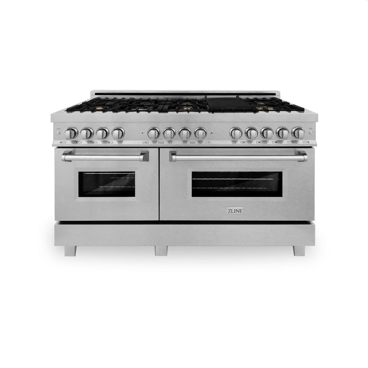 ZLINE 60 in. Professional Gas Burner, 7.6 cu. ft. Electric Oven in DuraSnow® Stainless and Brass Burner Set, RAS-SN-BR-60