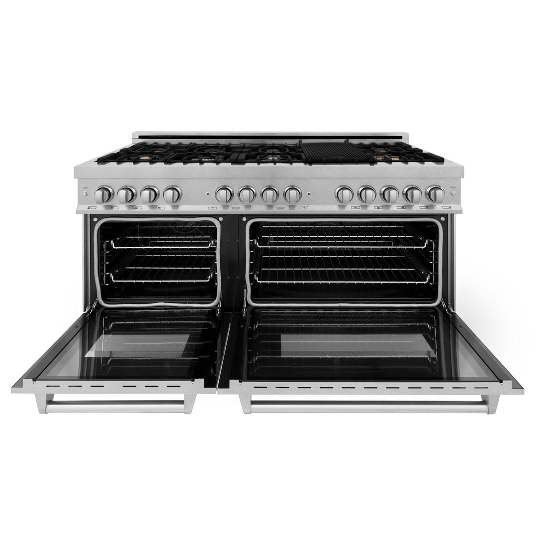 ZLINE 60 in. Professional Gas Burner, 7.6 cu. ft. Electric Oven in DuraSnow® Stainless and Brass Burner Set, RAS-SN-BR-60