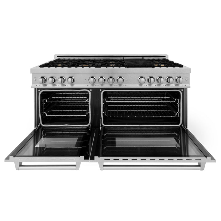 ZLINE 60 in. Professional Gas Burner, 7.6 cu. ft. Electric Oven in DuraSnow® Stainless and Brass Burner Set, RAS-SN-BR-60