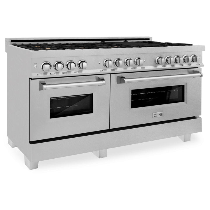 ZLINE 60 in. Professional Gas Burner, 7.6 cu. ft. Electric Oven in DuraSnow® Stainless and Brass Burner Set, RAS-SN-BR-60