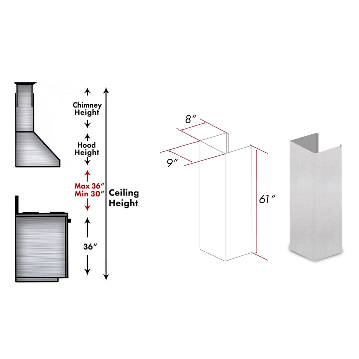 ZLINE 61 in. Satin Stainless Steel Chimney Extension for Ceilings up to 12.5 ft. (8KL3S-E)