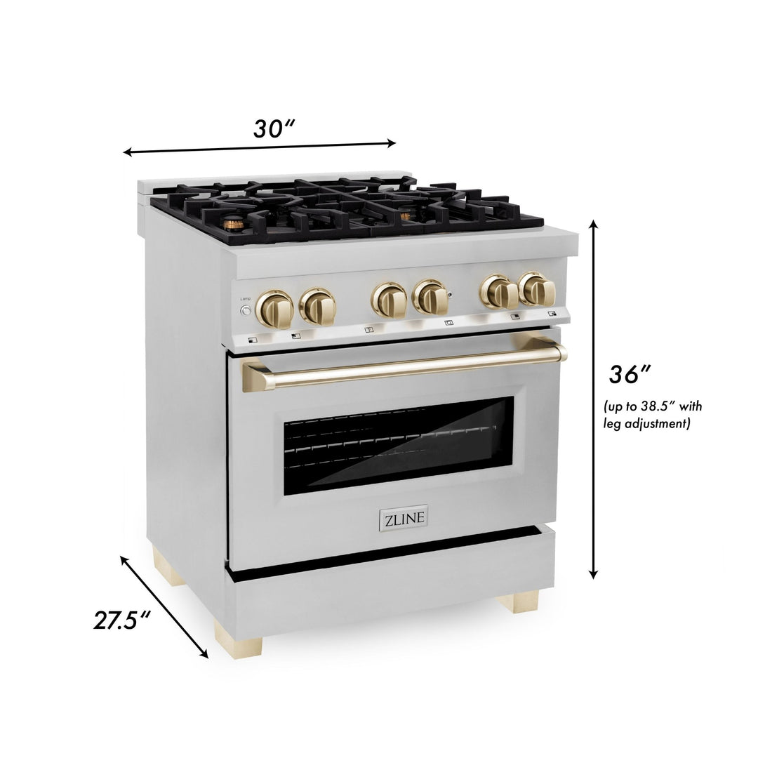 ZLINE Autograph 30" 4.0 cu. ft. Dual Fuel Range in Stainless Steel with Gold Accents, RAZ-30-G
