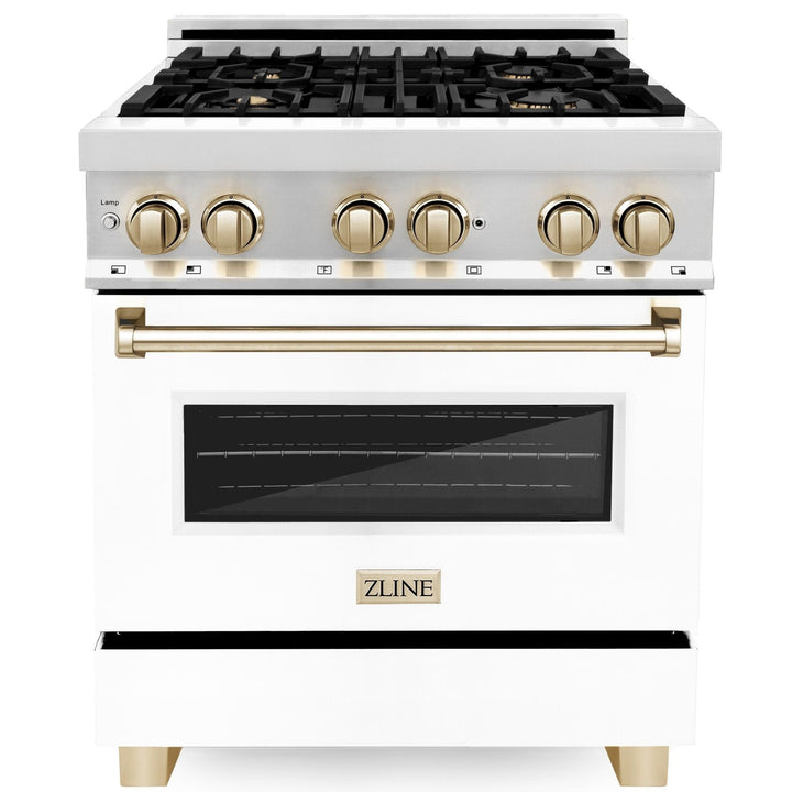 ZLINE Autograph 30" 4.0 cu. ft. Dual Fuel Range with White Matte Door and Gold Accents, RAZ-WM-30-G