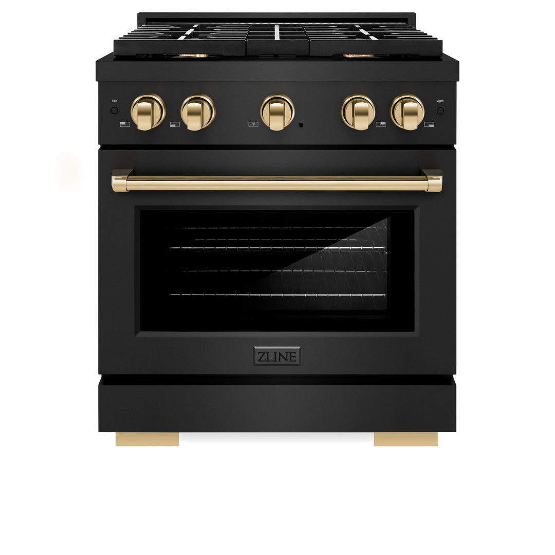 ZLINE Autograph 30&quot; 4.2 cu. ft. Paramount Gas Range with Convection Gas Oven in Black Stainless Steel and Gold Accents, SGRBZ-30-G
