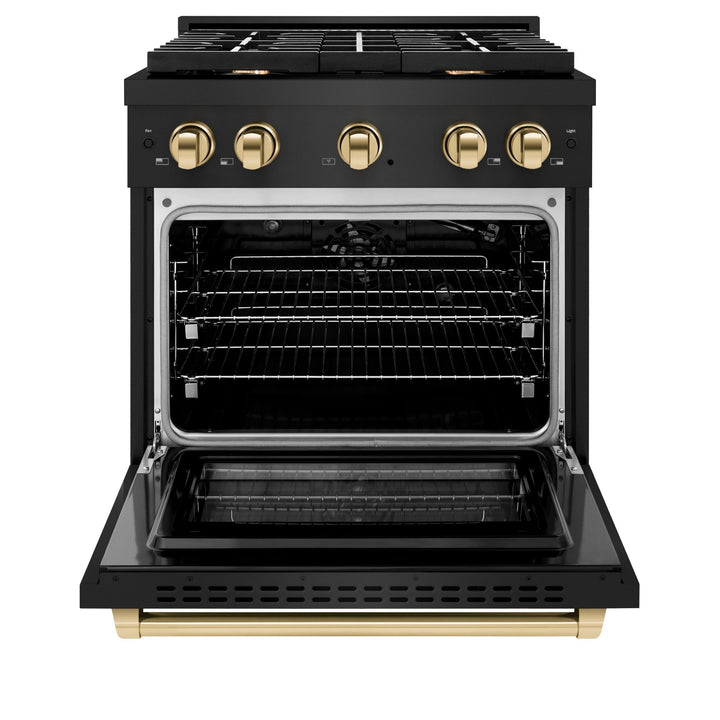 ZLINE Autograph 30&quot; 4.2 cu. ft. Paramount Gas Range with Convection Gas Oven in Black Stainless Steel and Gold Accents, SGRBZ-30-G