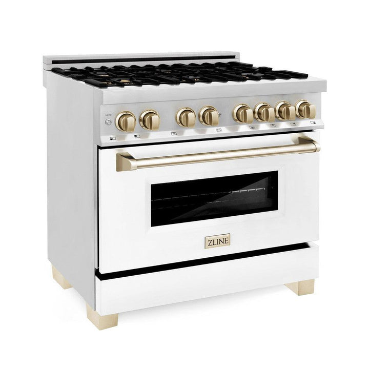 ZLINE Autograph 36" 4.6 cu. ft. Dual Fuel Range with White Matte Door and Gold Accents, RAZ-WM-36-G
