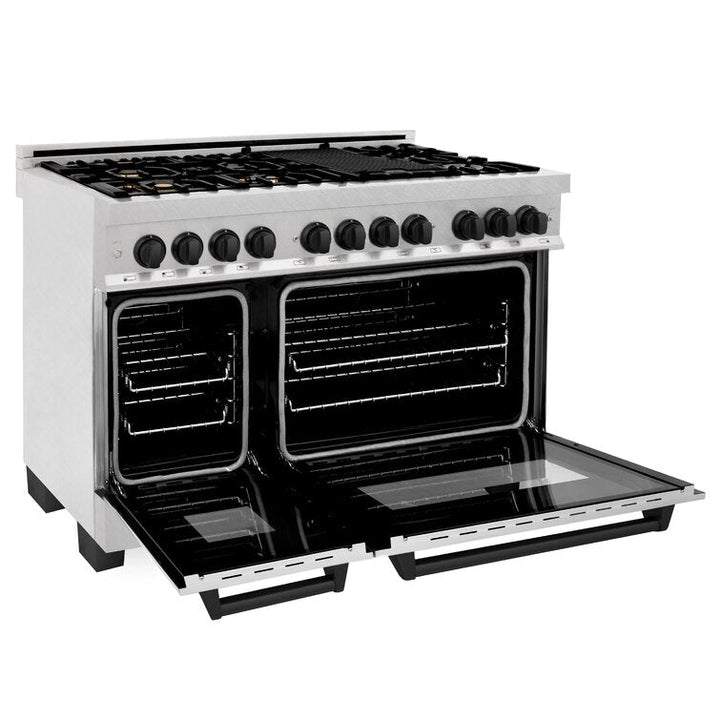 ZLINE Autograph 48 in. Gas Burner/Electric Oven in DuraSnow® Stainless Steel with Matte Black Accents, RASZ-SN-48-MB