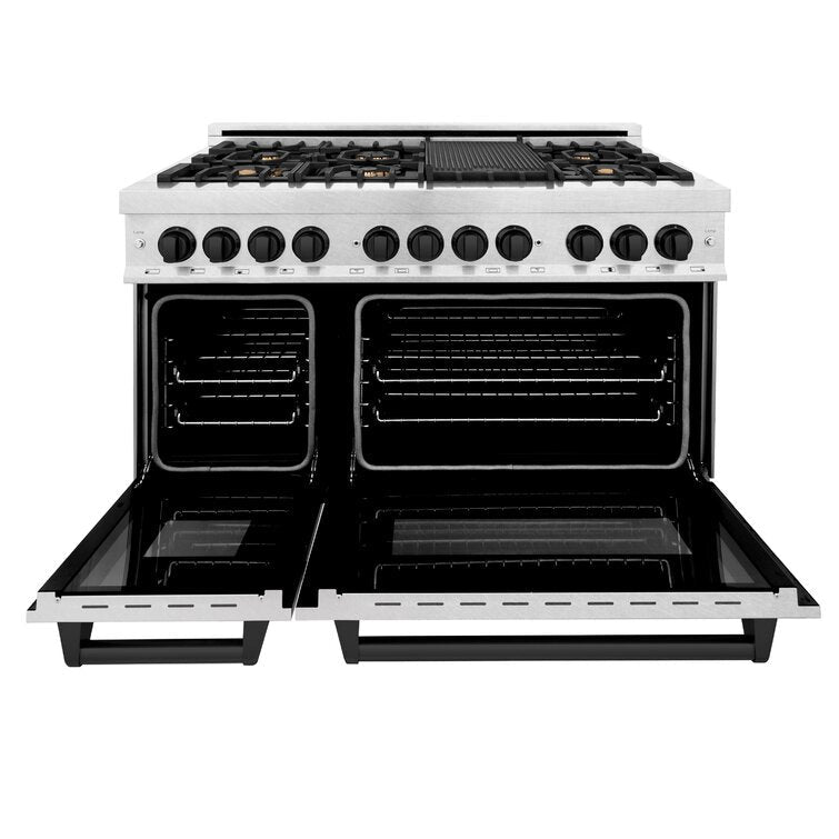 ZLINE Autograph 48 in. Gas Burner/Electric Oven in DuraSnow® Stainless Steel with Matte Black Accents, RASZ-SN-48-MB
