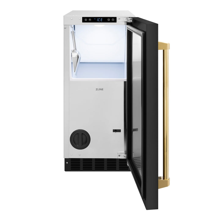ZLINE Autograph Edition 15 in. Touchstone Clear Cube Ice Maker with Drain Pump and Black Stainless Steel Door with Polished Gold Handle (ICCDZ-BS-15-G)