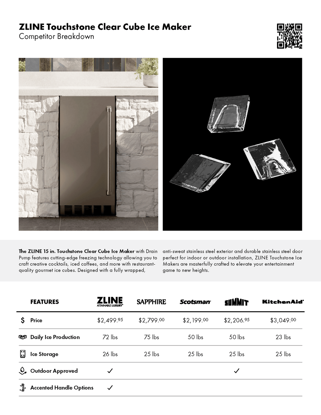 ZLINE Autograph Edition 15 in. Touchstone Clear Cube Ice Maker with Drain Pump and Solid Stainless Steel Door with Champagne Bronze Handle (ICCDZ-ST-15-CB)