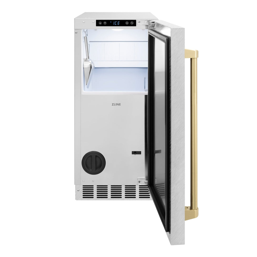 ZLINE Autograph Edition 15 in. Touchstone Gourmet Ice Maker with Drain Pump and Satin Stainless Steel Door with Champagne Bronze Handle (IGMDZ-SN-15-CB)